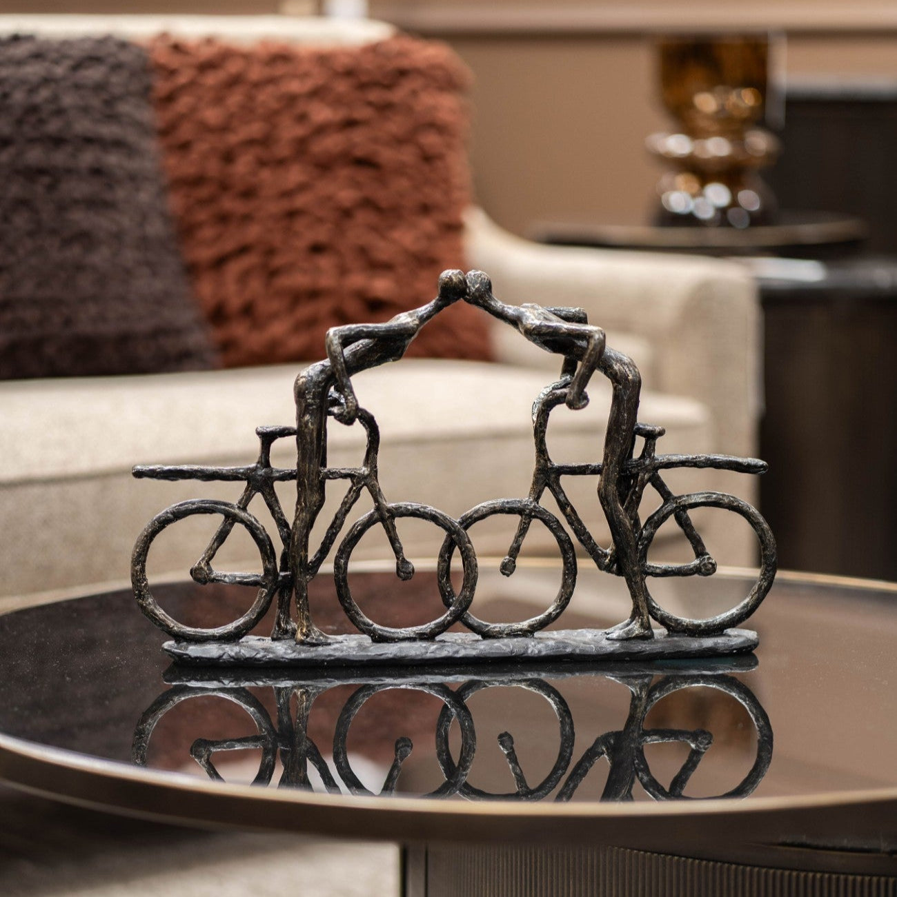 Antique Bronze Smooching Cyclist Sculpture